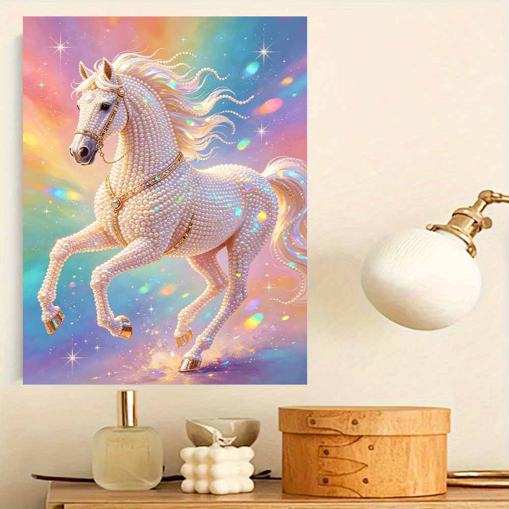DIY Pearl Gem Elegant Pearl Horse Shining Bead Craft Art Home Wall Ornament Simple Unframed Room Decoration Art Modern Artistic Wall Decor