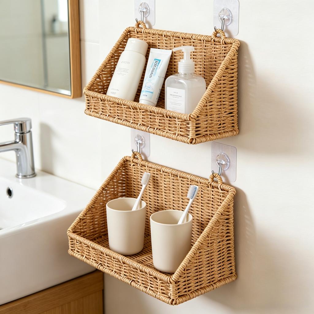 Handwoven Imitation Rattan Wall Hanging Basket Multi Size Kitchen Bathroom Balcony Plant Holder Storage Organizer for Home
