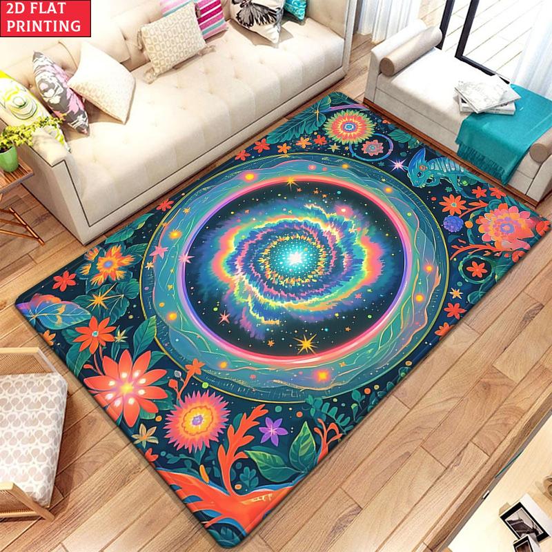 Psychedelic Galaxy Floral Mandala Rug, Colorful Boho Space Carpet for Living Room Gaming Room, Non-slip Decorative Floor Mat