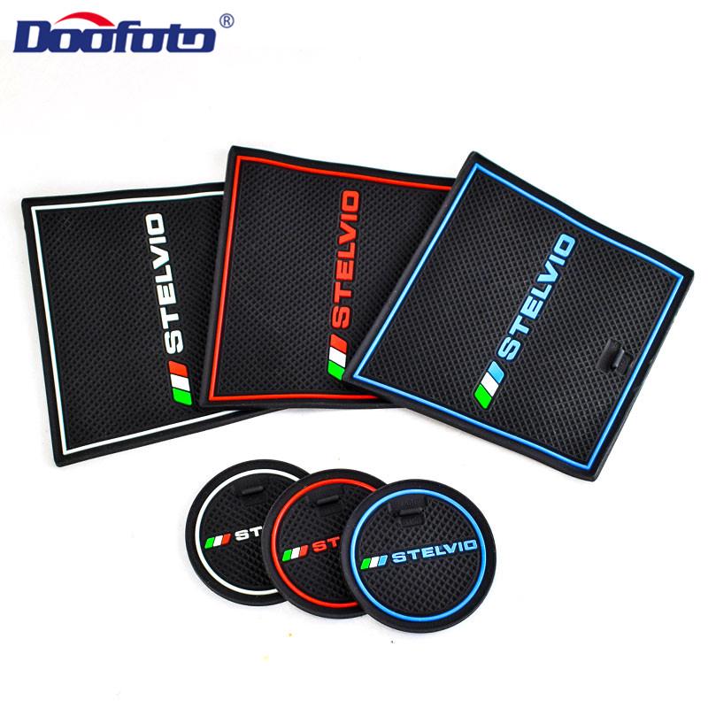 Special Door Slot Pads for Alfa Romeo Stelvio 17-20,Non-Slip Rubber Insulation Liner Accessories Car Cup Pad Center Console Mats Set Red line