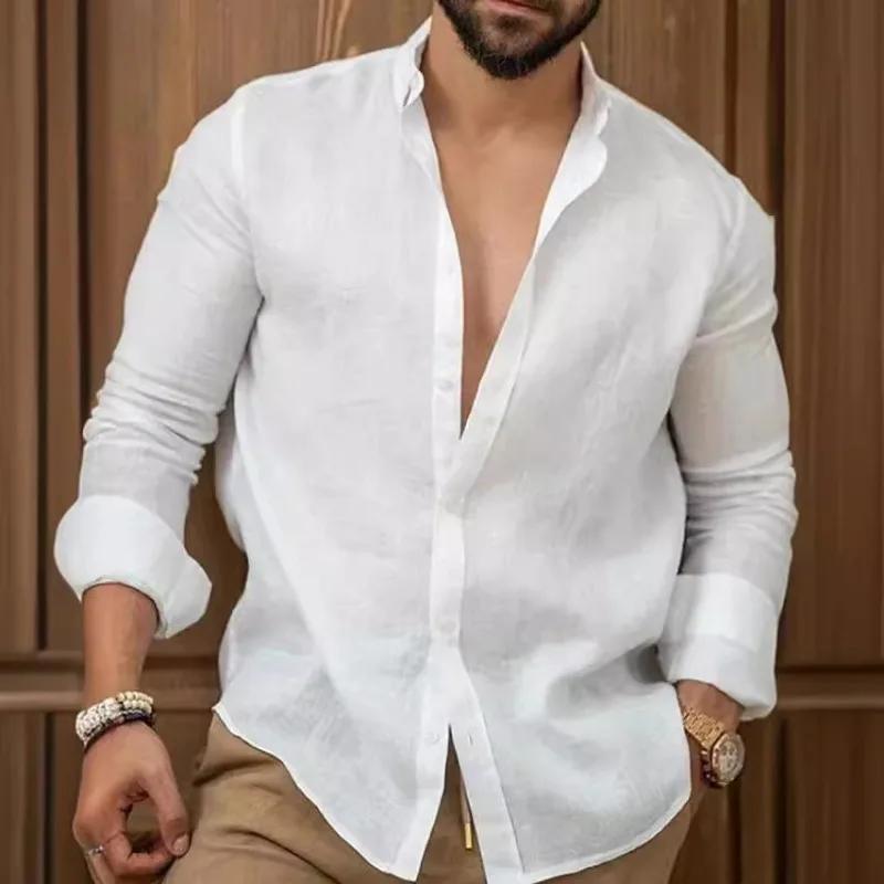 

Мужская рубашка с длинным рукавом Молодежная повседневная универсальная блузка Однотонная деловая Хлопок Лен Однобортная S белый