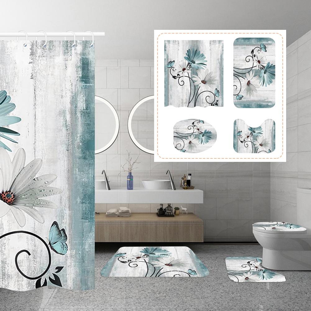 4Pcs Waterproof Shower Curtain Set Bathroom Curtain with Entrance Doormat Toilet Seat Cover Rug Anti-Slip Floor Mat Bath Decor