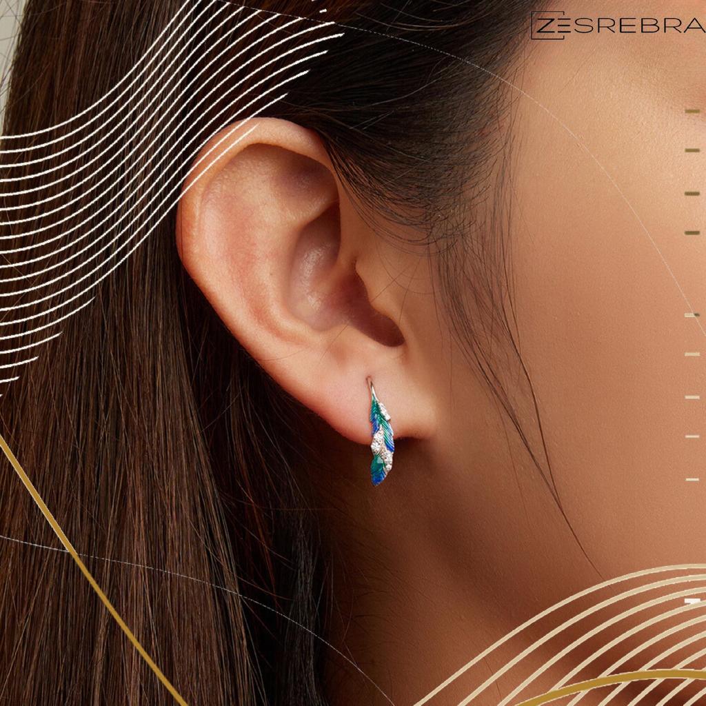 Earrings Colorful Feather S925 Peacock Zircons Feathers Crystals Bird