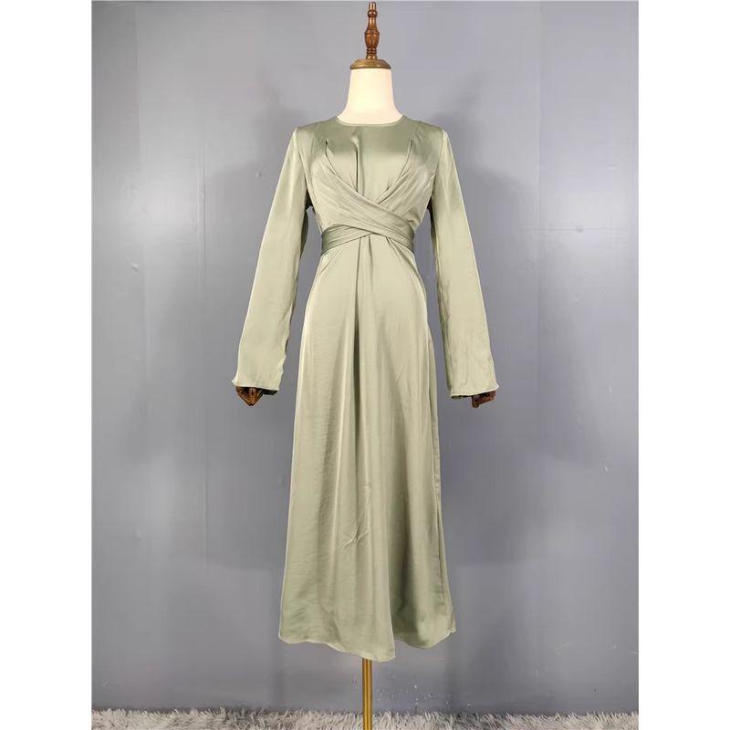 Foreign Trade Order H Home Slim fit Slimming Casual Long sleeve round Neck Smooth Fabric Fashion Elegant Lace up Big Hemline Dress