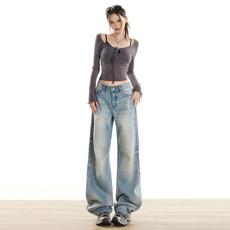 

Women s Retro Autumn Straight-Leg Washed Jeans - Loose Floor-Length Wide Leg Design XS