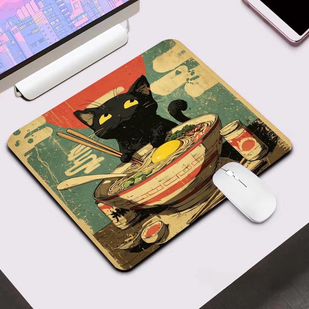 Black Cat Eating Ramen Mouse Pad Small Laptop Computer Office Table Mats PC Gaming Esports MousePad HD Non-Slip Rubber Desk Mat