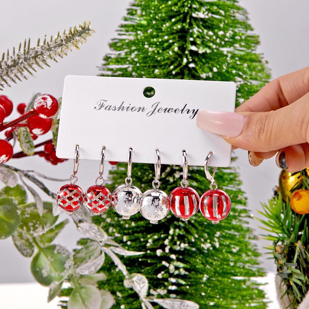 Grenzüberschreitendes Weihnachts-Print Acrylkugel Ohrring Set - 3 Stück