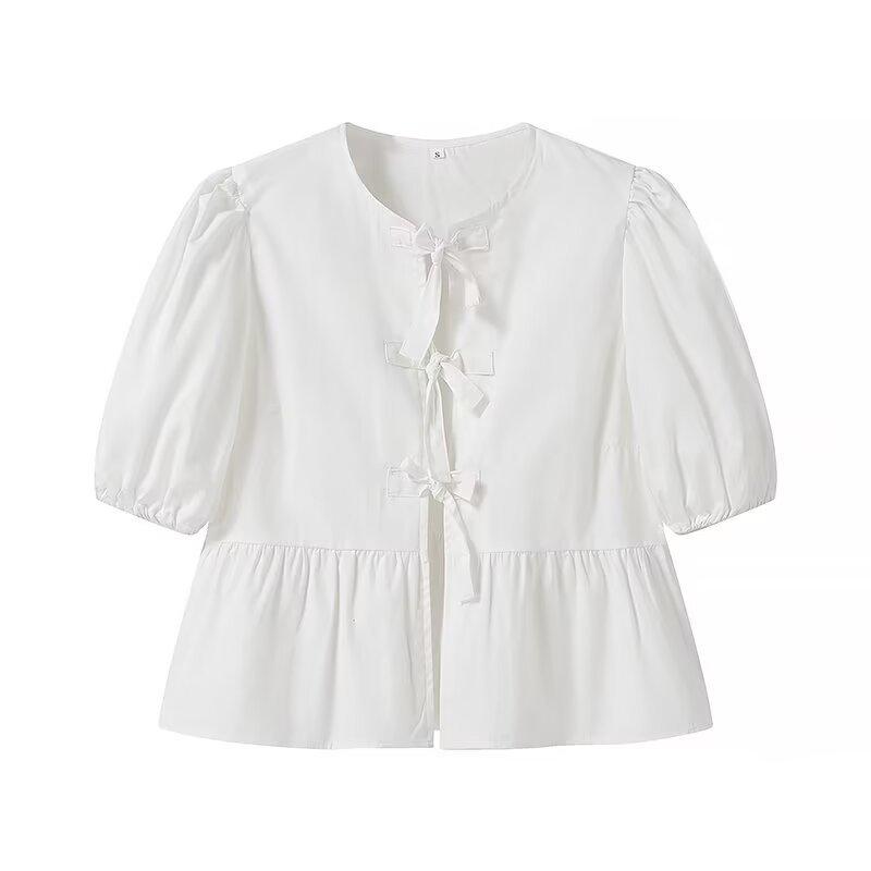 

Весна 2024 Женская уличная мода Хлопковая рубашка с коротким рукавом и бантом Small белый