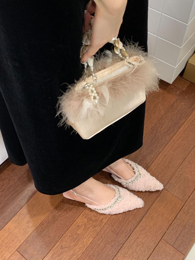 2025 autumn and winter new pointed-toed thin-heeled rhinestone sandals European and American fashion sweet bag head high-heeled fluffy shoes