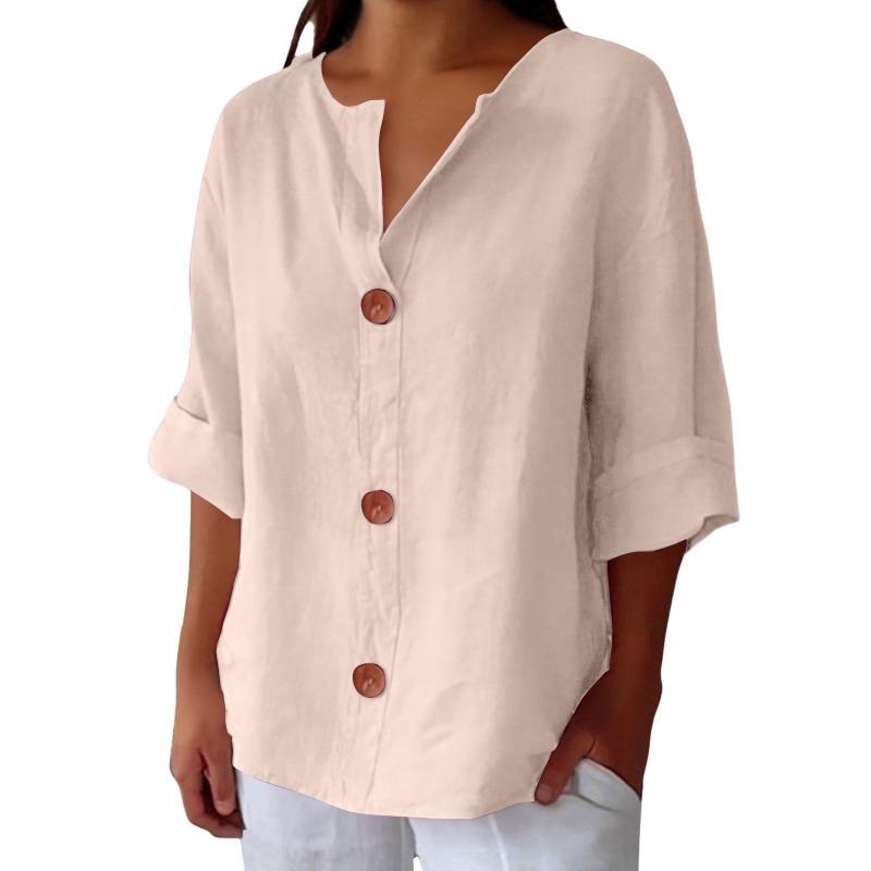 Spring and Summer New Loose T-shirt Women's V-neck Cotton and Linen Button Simple Solid Color Top