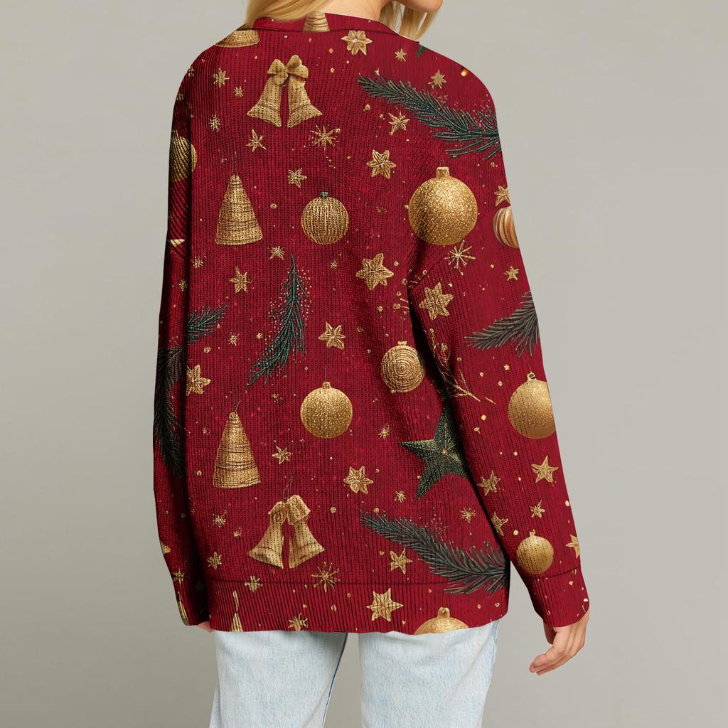 Damenmode Langarm Weihnachtsdruck V-Ausschnitt Knopf Lockerer Cardigan Top