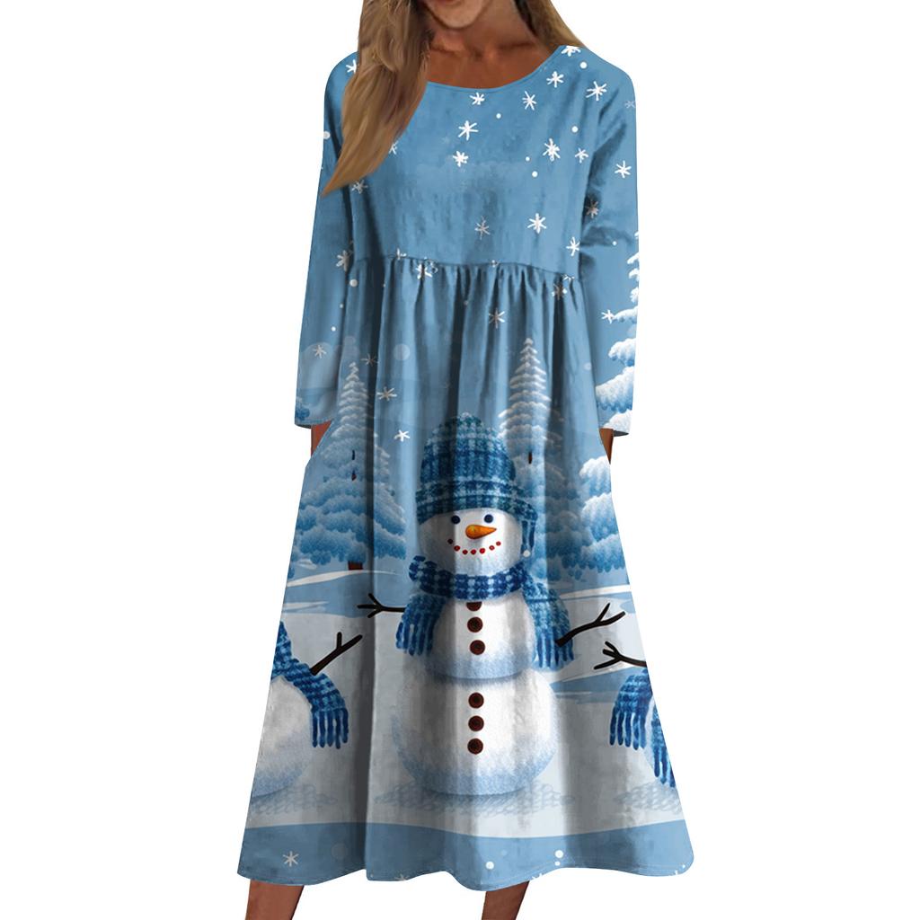 Women's Casual Crew-neck Christmas Print Mid-length Dress Long-sleeved Dress With Pocket