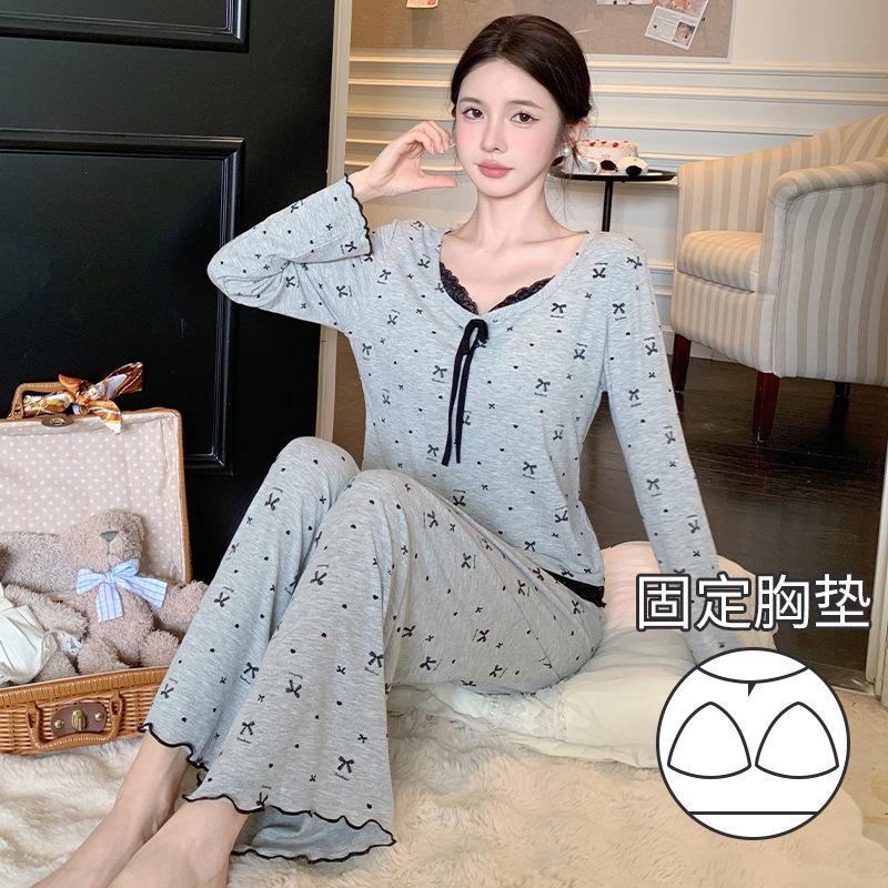 

Spring and Autumn New Products Long Sleeve Pajamas Women s Modal Bow Lace Set Homewear with Chest Pad M