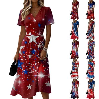 Damen Unabhängigkeitstag Print Lässiges Mode Kurzarm V-Ausschnitt Kleid