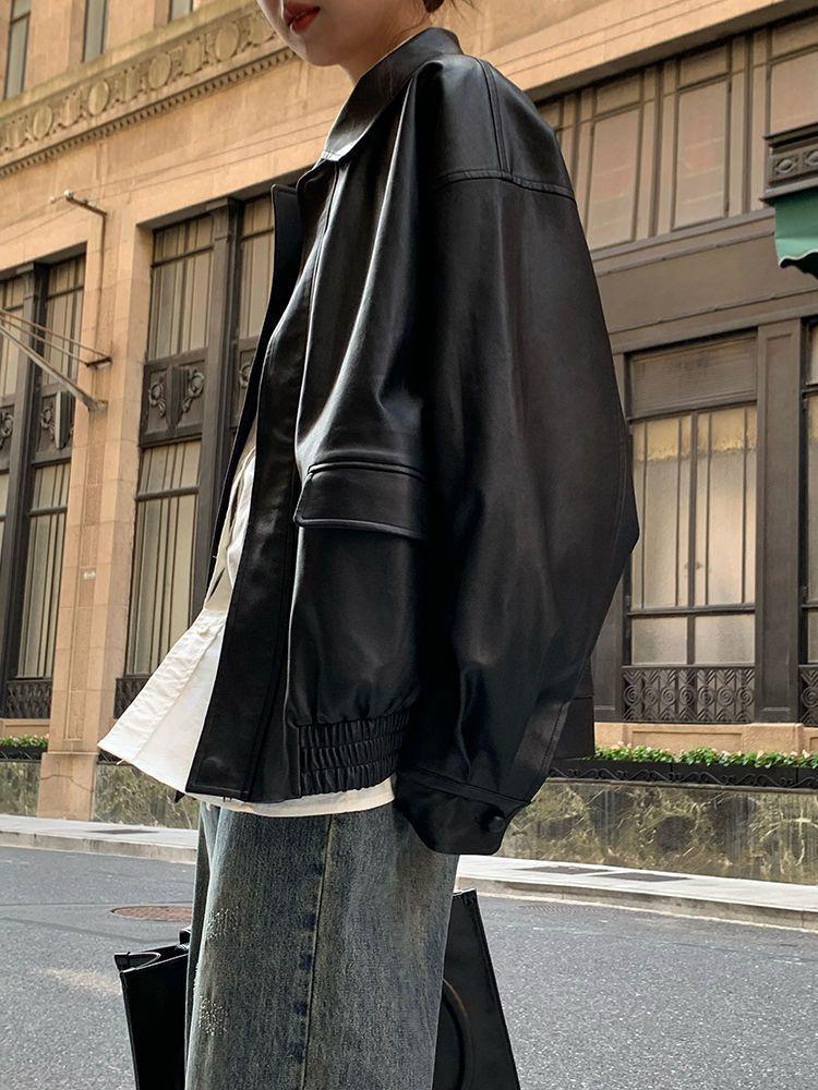 FMFSSOM Autumn Women Faux Leather Jacket Pu Motorcycle Biker Red Coat Turndown Collar Loose Streetwear Black Punk Outerwear 210909 From 28,12 € | DHgate
