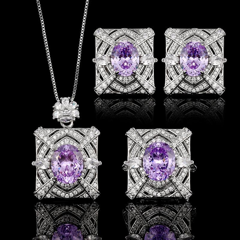 

Purple Oval Cubic Zirconia Adjustable Ring Square Vintage Style Necklace Stud Earrings for Women Party Wedding Fashion Jewelry One size