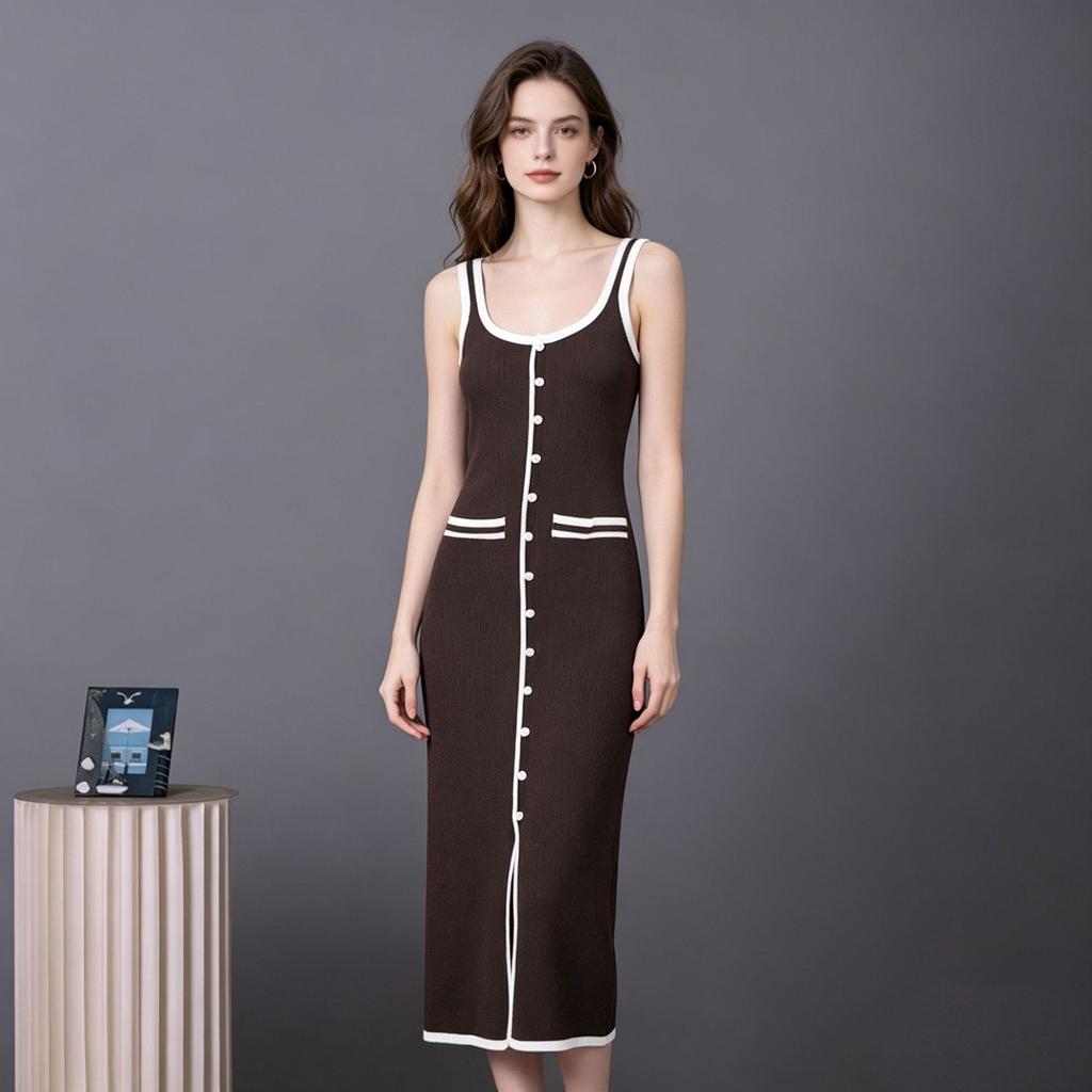 New Russian European and American Women's Vest-style Dress Contrasting Colors Single-row Multi-button Slit Long Knitted Dress