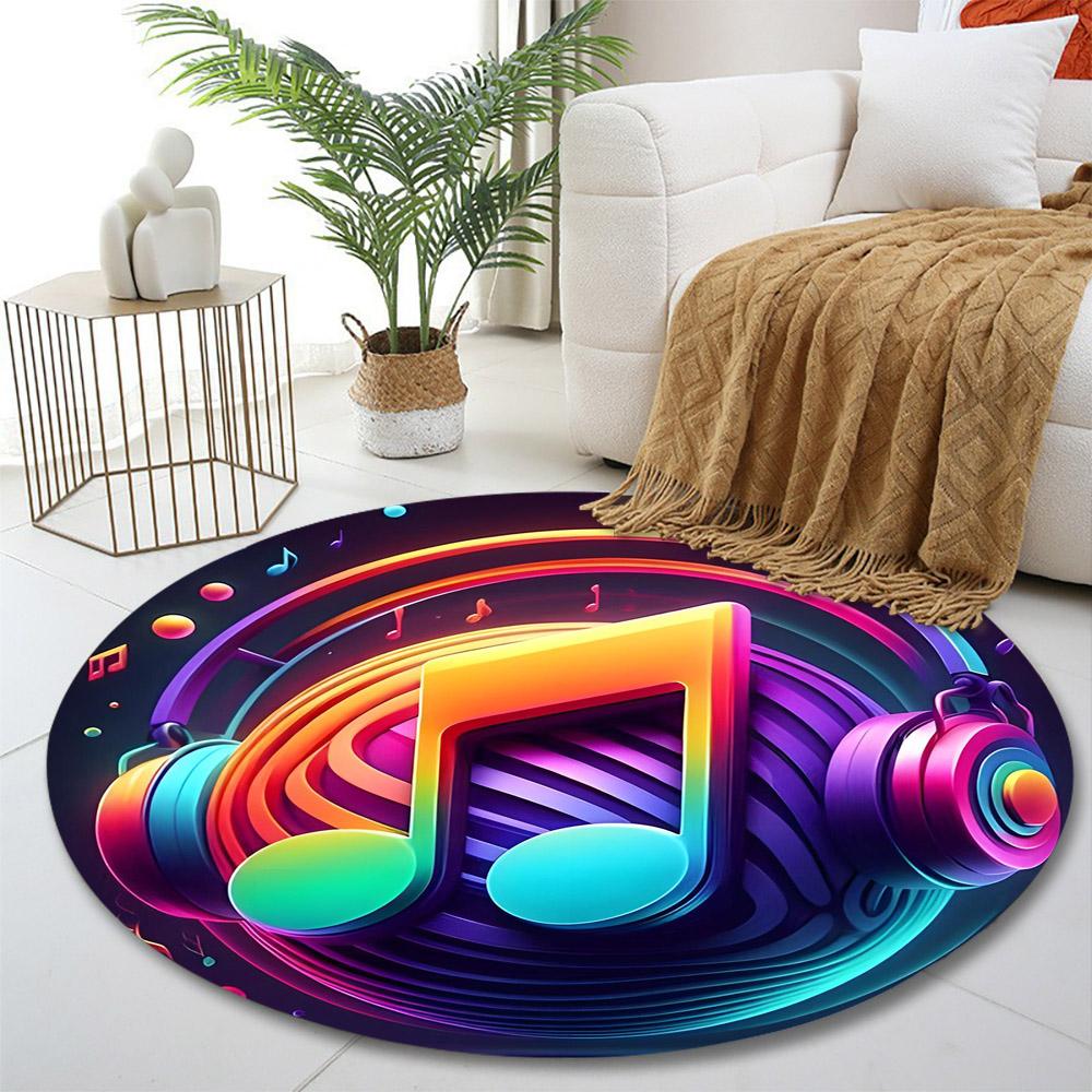Colorful Musical Note with Headphones Print round rug, living room, bedroom, playroom carpet, non slip floor mat, gift