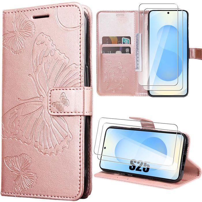 Coque de protection - BOOLING - Samsung Galaxy S25 - Effet Cuir Rose - Papillons - 2 Verres Trempés