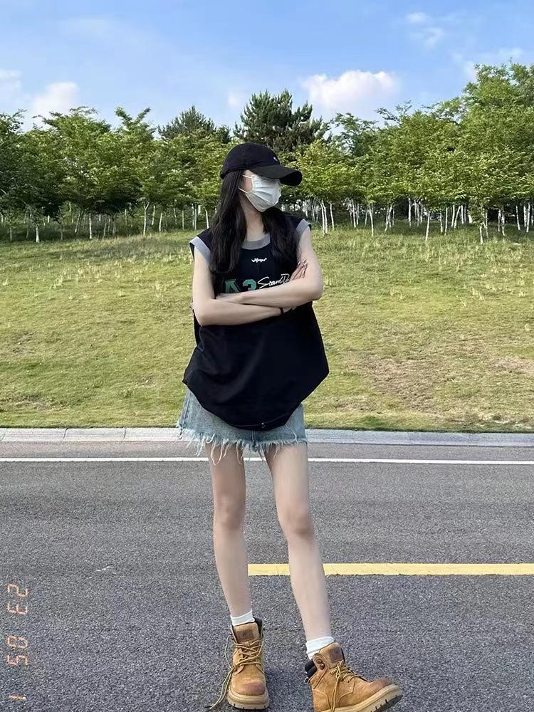 2024 Summer Women's Pure Cotton Contrast Color Letter Short-Sleeve T-Shirt