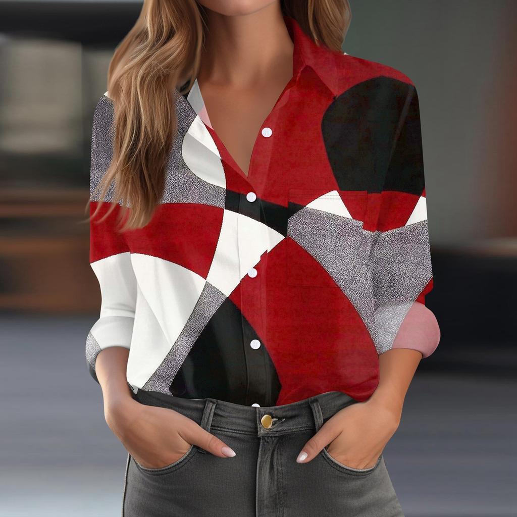Women's Shirt Blouse Print Button Long Sleeve Casual Basic Shirt Collar Regular Top With Pockets