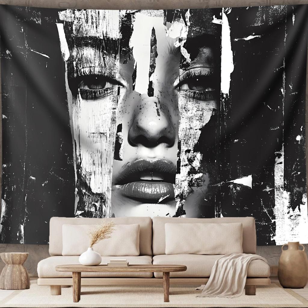VIKAMA Dark Abstract Shattered Portrait Tapestry Black and White Art Vintage Printing Hanging Cloth Room Decoration