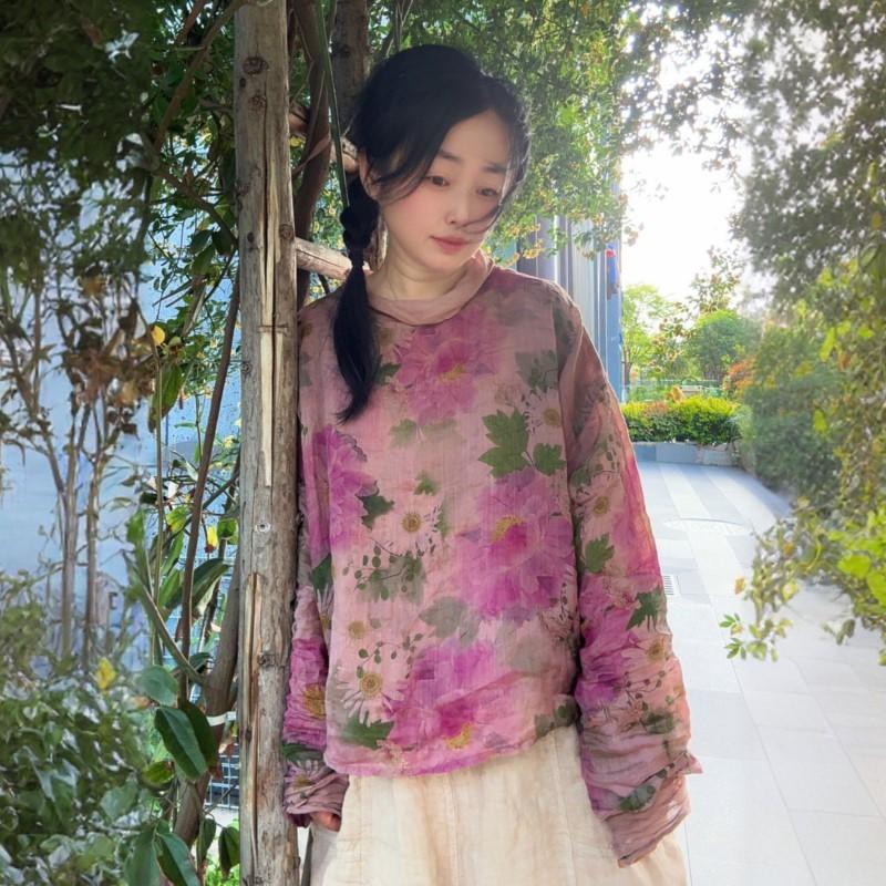 Johnature Women Vintage Print Floral T-Shirts O-Neck Long Sleeve Autumn High Quality Female Loose T-Shirts