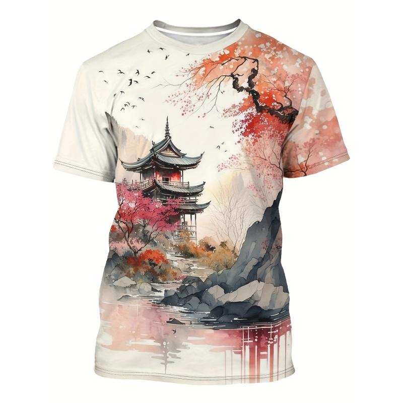 3D Printed Chinese Painting T Shirt For Men Landscape Flowers Pattern Short-Sleeved