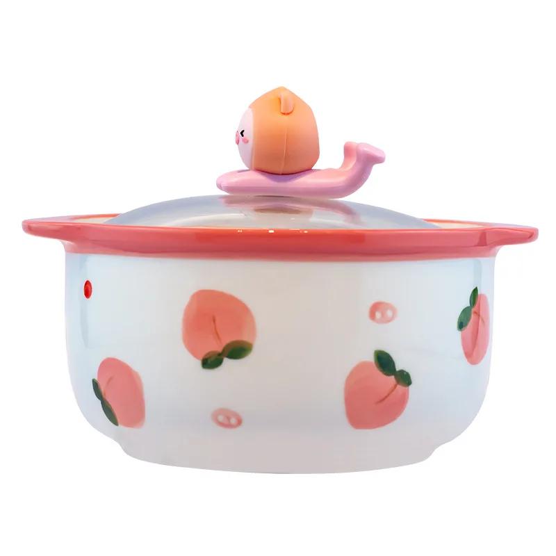Kawaii Ceramics Strawberry Peach Ramen Bowl With Lid Cute Kitchen Large Instant Noodles Fruit Salad Rice Soup Bowl Tableware