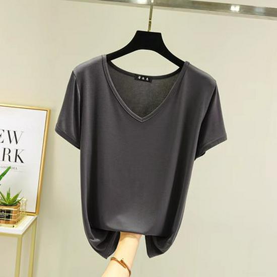 Women's Plus Size V-Neck Modal T-Shirt - Short Sleeve, Loose Fit, Thin Layer, Korean Style