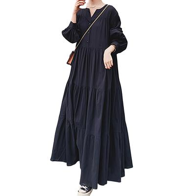 Merelop Ceto Long Sleeve Elegant Balloon Loose Plus Sizes Relaxed Korean Popular for Everyday Black Women's Dress, V-Neck, Sleeves, Fit, Available,