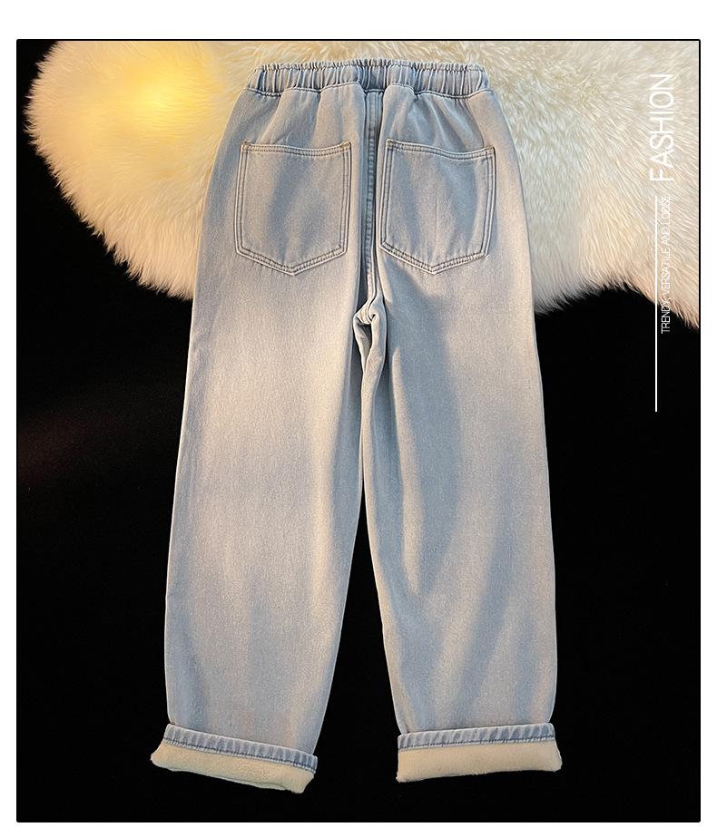 Women's Fleece-lined Straight-Leg Jeans, Petite Wide-Leg, Elastic Waist, Cotton, 2025 New Winter Style, Ideal for Autumn and Winter