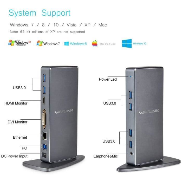 Station d'accueil - WAVLINK - USB 3.0/USB-C - 6 ports USB 3.0 - Sorties DVI/VGA/HDMI - Ethernet Gigabit