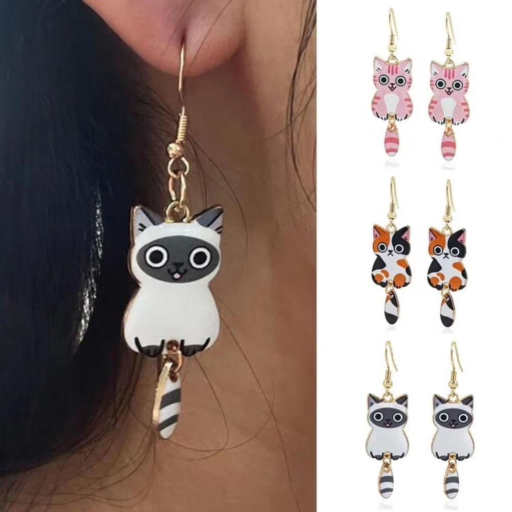 Enamel Zinc Zinc Alloy Cat Dangle Earrings Animal Theme Cartoon Animal Earrings 3D Cat Earrings  Jewelry Set