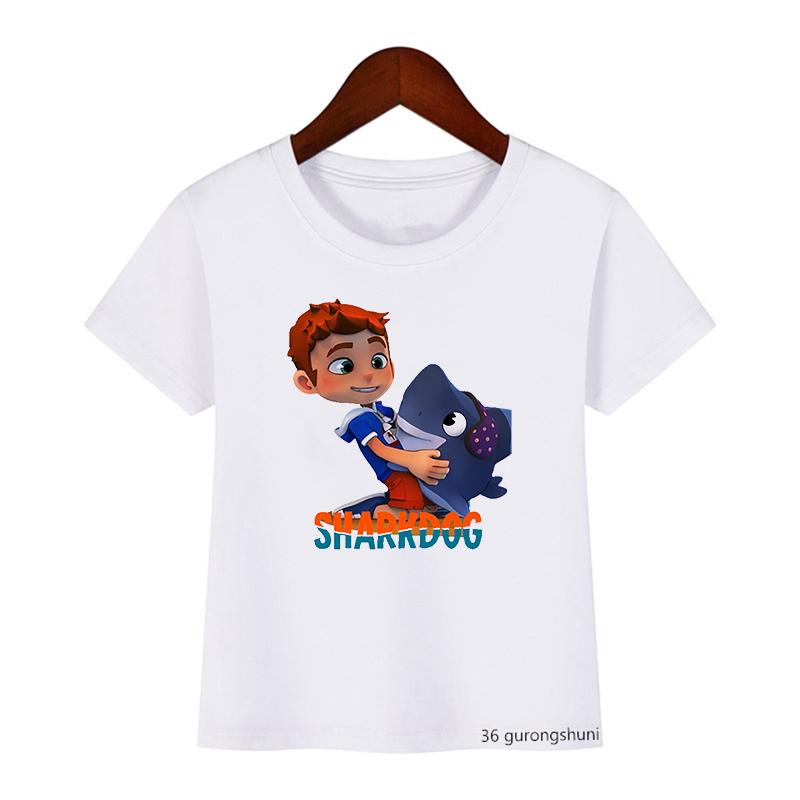 Cute Boys Girls Kawaii Sharking with Sharkdog Cartoon Print Children'S Tshirt Summer Baby Clothes White Short Sleeve Tops