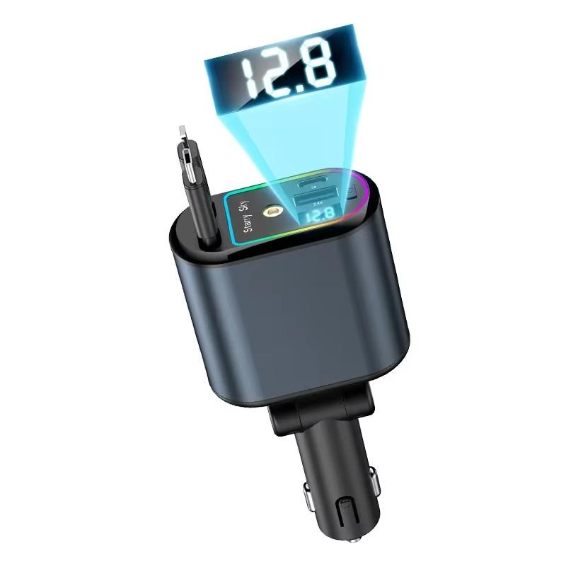 Retractable Car Charger 120W Starry Sky Top Projection Light Four-In-One Type-C+Lightning Dual Wires Usb+Pd Expansion Socket