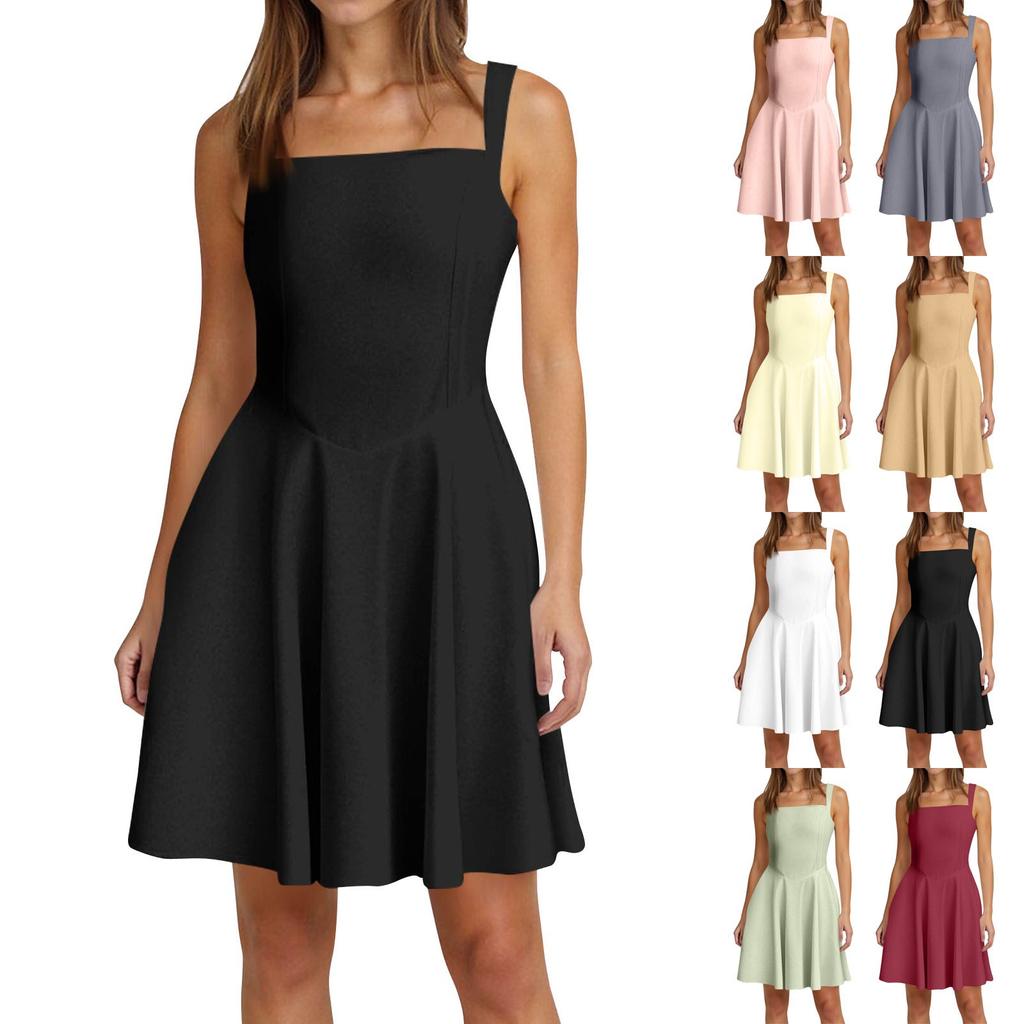 Women's Spring Summer Casual Square Neck Solid Colour Dress  Sleeveless Dresses