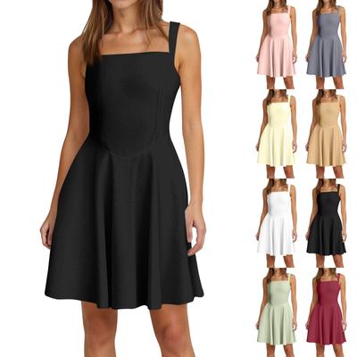 Damen Frühling Sommer Casual Quadratischer Ausschnitt Einfarbiges Kleid Ärmellose Kleider