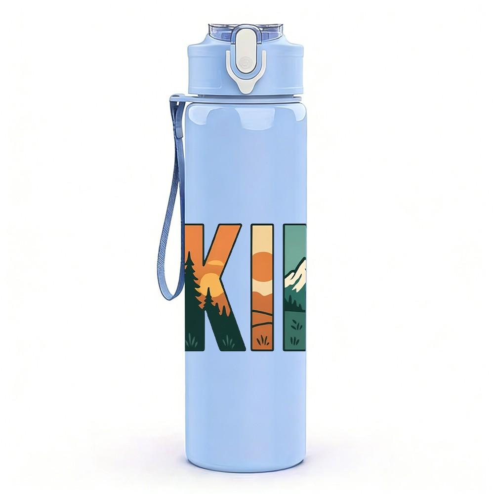 1PC Hiking Retro Bold Letter Text Print 750ml Color Plastic Sports Water Bottle Leakproof Flip Straw Lid Suitable for Sports Office Home Use