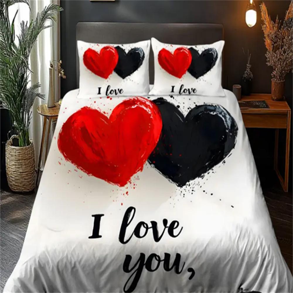 3D Love Heart Design Duvet Cover Set, 100% Polyester, Abstract Pattern, All-Season Soft Sanded Fabric Digital Bedding Set