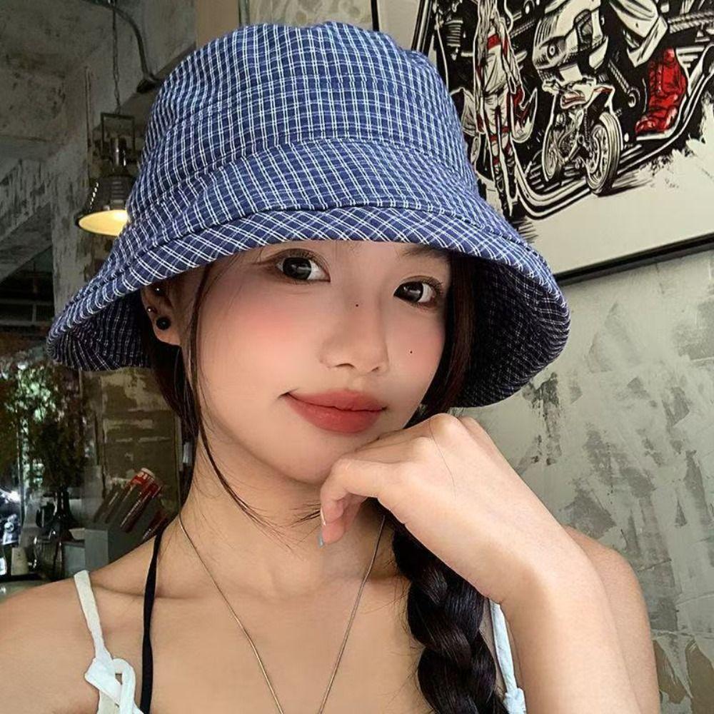 Curled Plaid Bucket Cap Quick-dry Fisherman Caps Ins Plaid Sun Hat  for Women