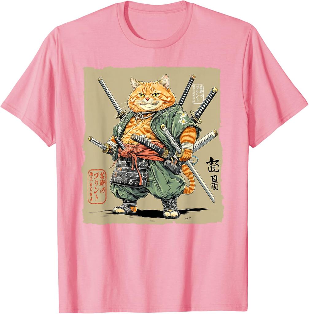 Samurai Cat Warrior Swords Graphic Tee Mens Cotton Casual TShirt