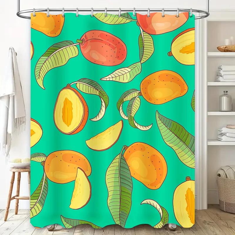 Colorful Fruit Shower Curtain Vivid Pattern with Mangoes Peaches on Green Background Waterproof Fabric for Bathroom Decoration