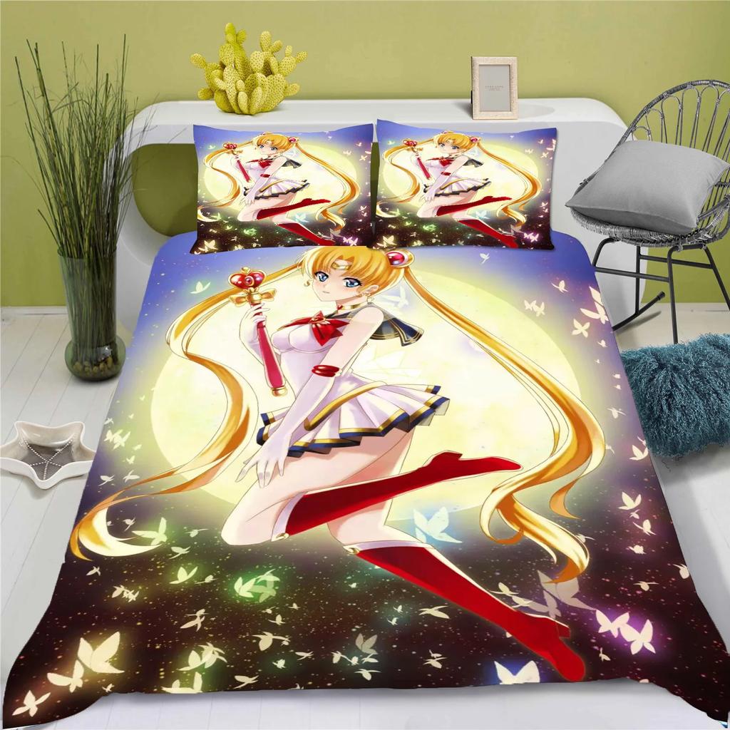 3D Anime posteľná súprava Sailor Moon obliečka na paplón 100% polyester vhodná pre deti a dospelých 3-dielna súprava 1 obliečka na paplón