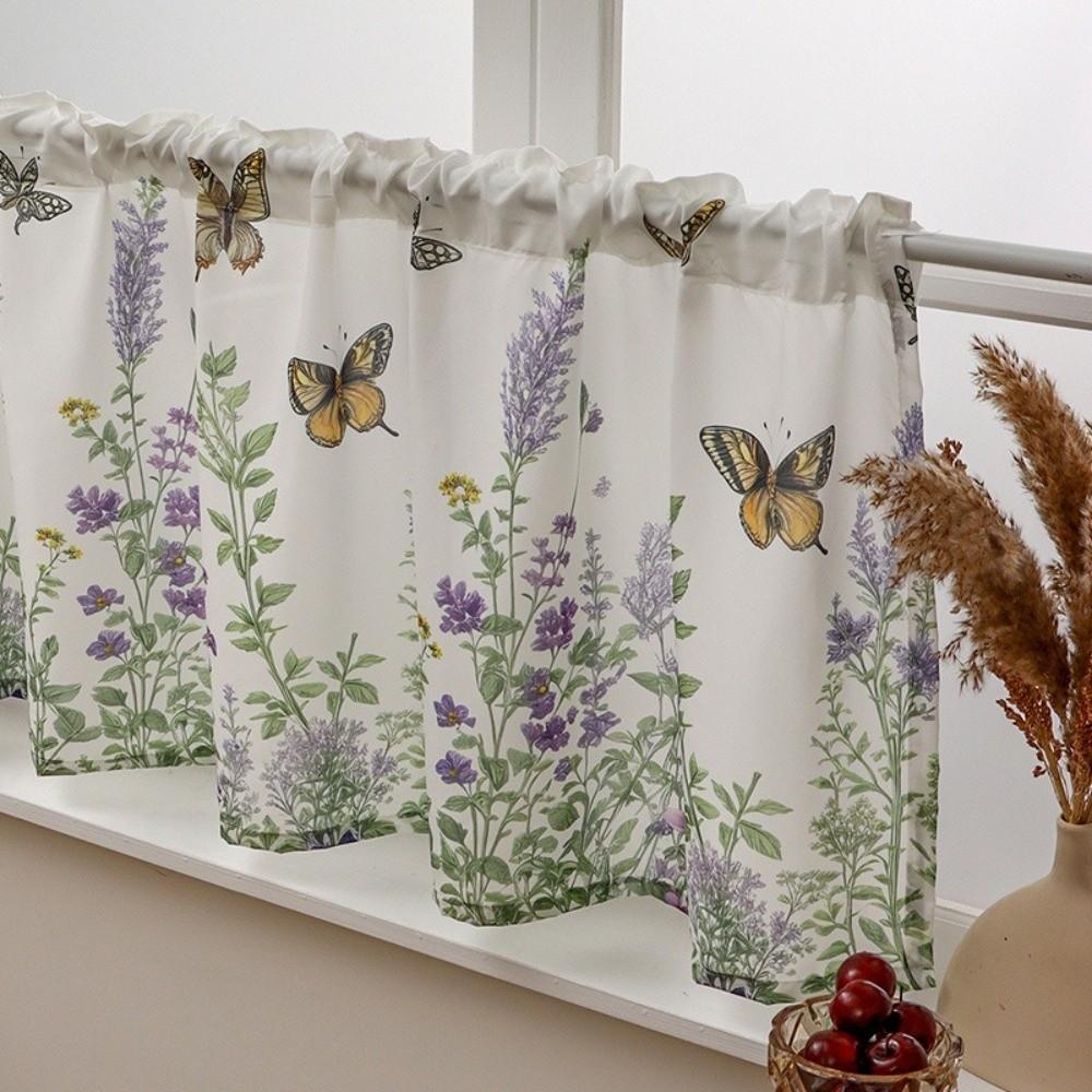 Butterfly Lavender Print Cabinet Window Decor Partition Voile Curtain  for Living Room Bedroom