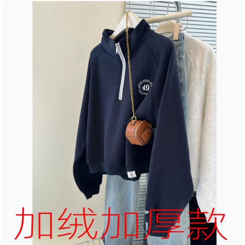 Womens POLO Collar Hoodie Loose Fit Lightweight Korean Style Embroidered Half-Zip Cotton Sweatshirt