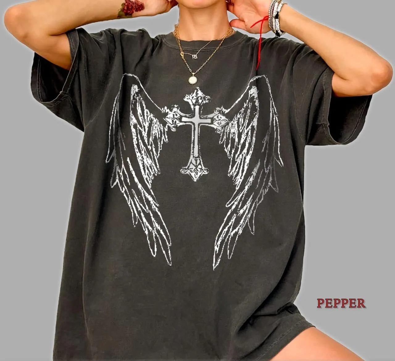 Gothic Angel Wings Cross Tshirt Dark Aesthetic Grunge Tee Fallen Angel Shirt Edgy Streetwear Graphic Tee Unisex Shirt S