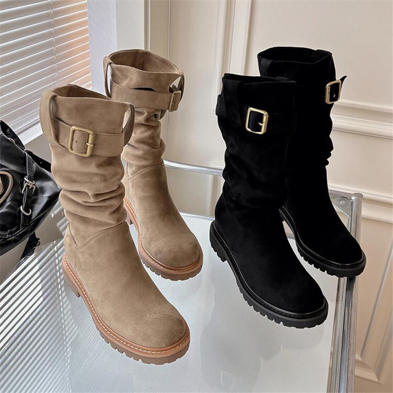Fashion Autumn Winter Women Boot Fashion Belt Buckle Round Toe Platform Boots for Women Ladies Shoes Thick Heel Knee Boots Elastic Boots