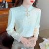New 2024 Fashion Winter Chinese Style Long Sleeve Stand Collar Apricot Velvet Lace Blouse Shirt Women Tops Blouses Shirts J806