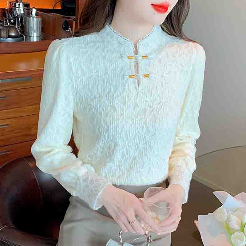 New 2024 Fashion Winter Chinese Style Long Sleeve Stand Collar Apricot Velvet Lace Blouse Shirt Women Tops Blouses Shirts J806
